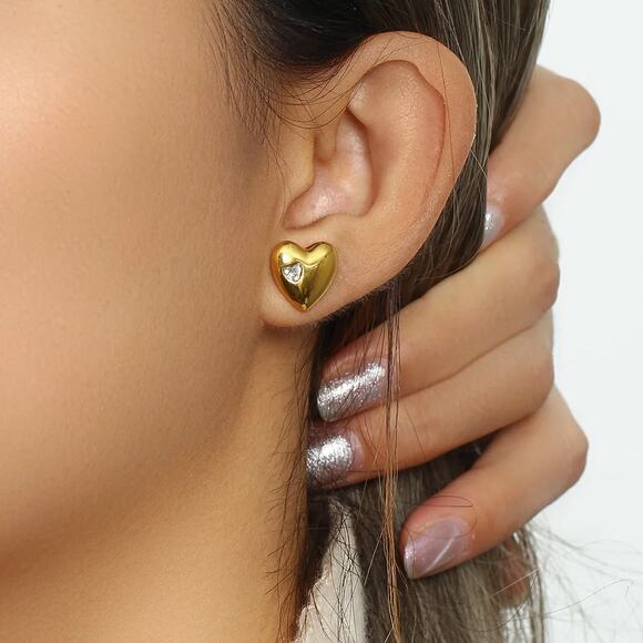 Heart Stud Earrings with Embedded Zircon 18K Gold Plated Stainless Steel - Picture 5 of 9